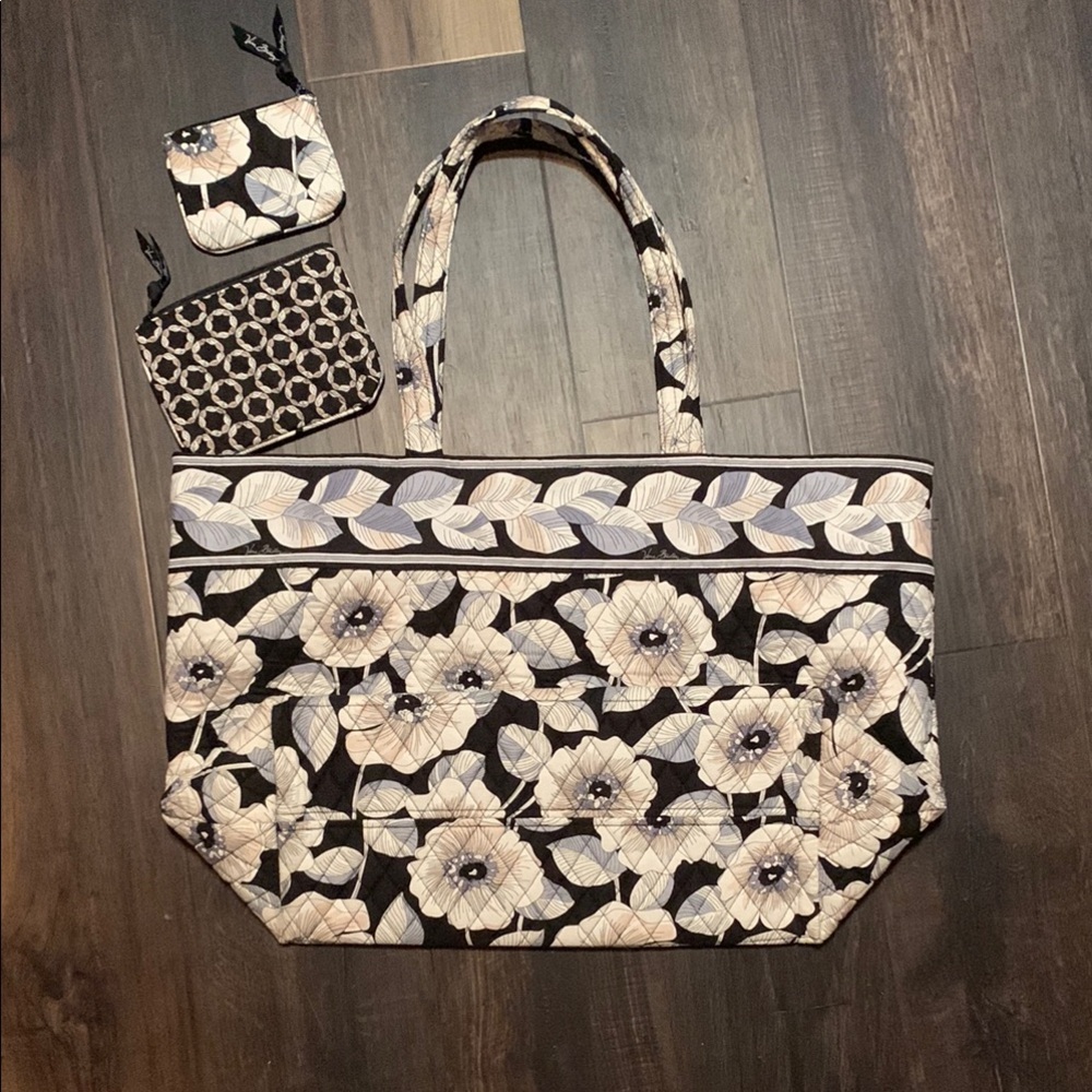 Vera Bradley Floral Tote SET - Black/Beige. Large tote with two smaller pouches.